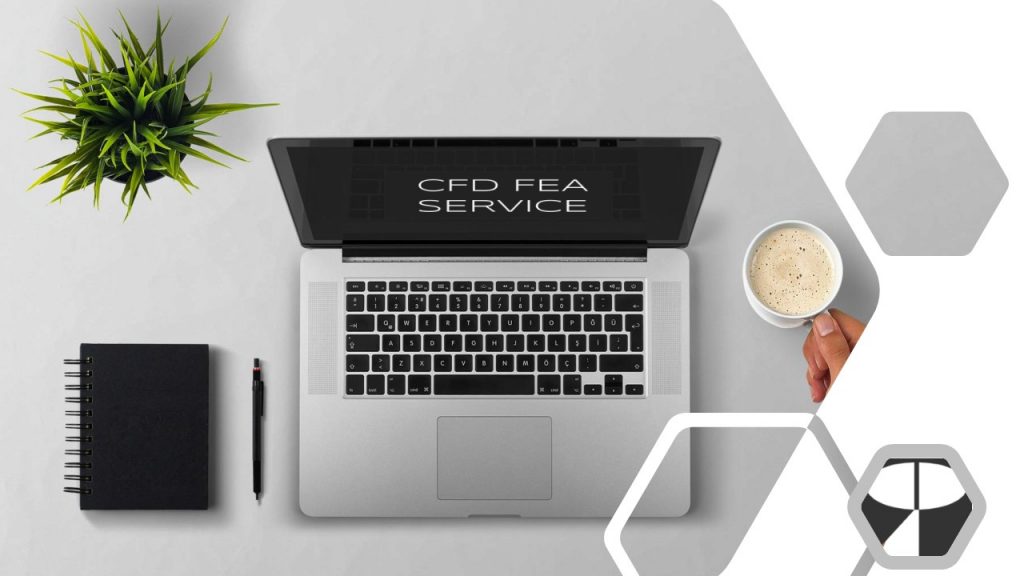 Desk with computer, pen, cup and CFD FEA service cloud computing 